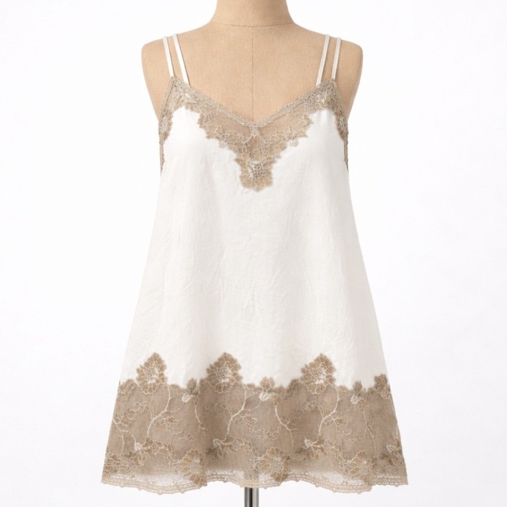 Floral Lace Fairy Bamboo Sheer Cami Top Sz M White Tan Strappy Romantic Ethereal